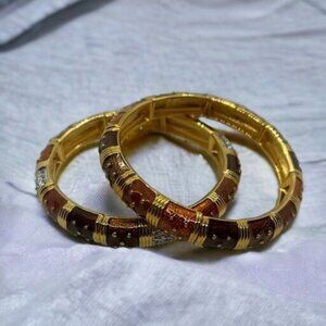 Joan Rivers Set of 2 Enamel Pave Stretch Bangles Neutrals Brown‎ Gold Tone